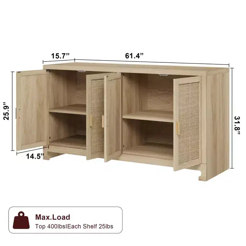 Madia/Buffet 4 ante 155 cm in rovere/rattan bianco e marrone, per 1–2 persone