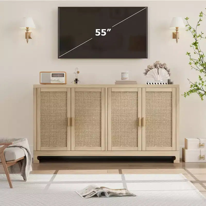 Madia/Buffet 4 ante 155 cm in rovere/rattan bianco e marrone, per 1–2 persone