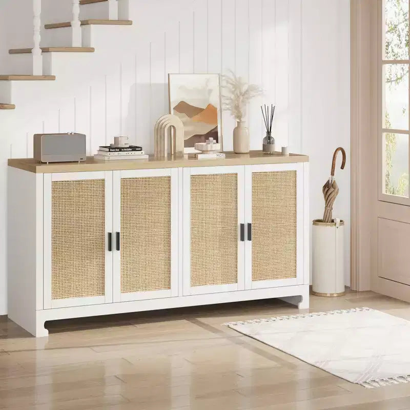 Madia/Buffet 4 ante 155 cm in rovere/rattan bianco e marrone, per 1–2 persone