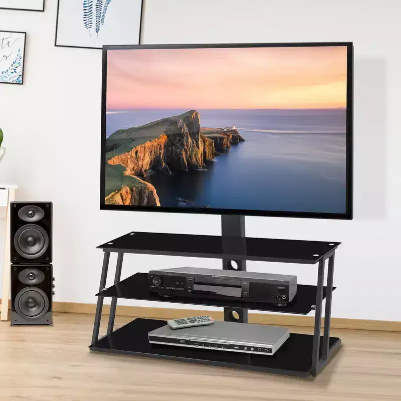 GDFStudio Gill Angle And Height Adjustable Metal Tube TV Stand with Tempered Glass Shlves