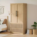 Bedroom Wooden Armoire Wardrobe Closet, Wardrobe Armoire Cabinet with 2 Drawers, Freestanding Armoire with Shelves & Hanging Rod