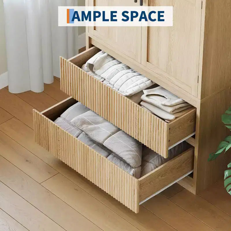 Armadio in legno marrone, guardaroba a 4 ante autoportante con cassetti e asta appendiabiti, 1–2 persone