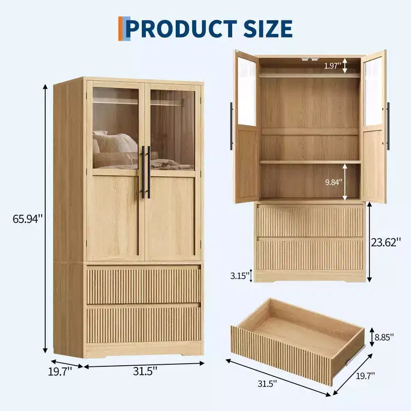Armadio in legno marrone, guardaroba a 4 ante autoportante con cassetti e asta appendiabiti, 1–2 persone