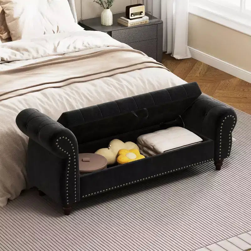Panca contenitore in velluto trapuntato blu navy con schienale alto, 1 posto