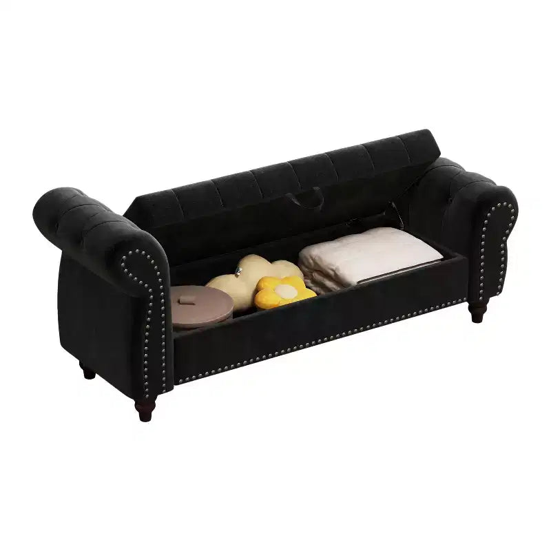 Panca contenitore in velluto trapuntato blu navy con schienale alto, 1 posto