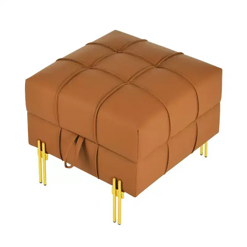 Pouf Contenitore Quadrato Arancione con Gambe Dorate, Seduta per 1 Persona