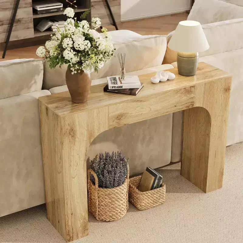 Consolle da ingresso in legno sottile Michat Cracked, colore marrone con anelli annuali, tavolo da divano, 119 cm e 160 cm, assemblaggio da 1 persona