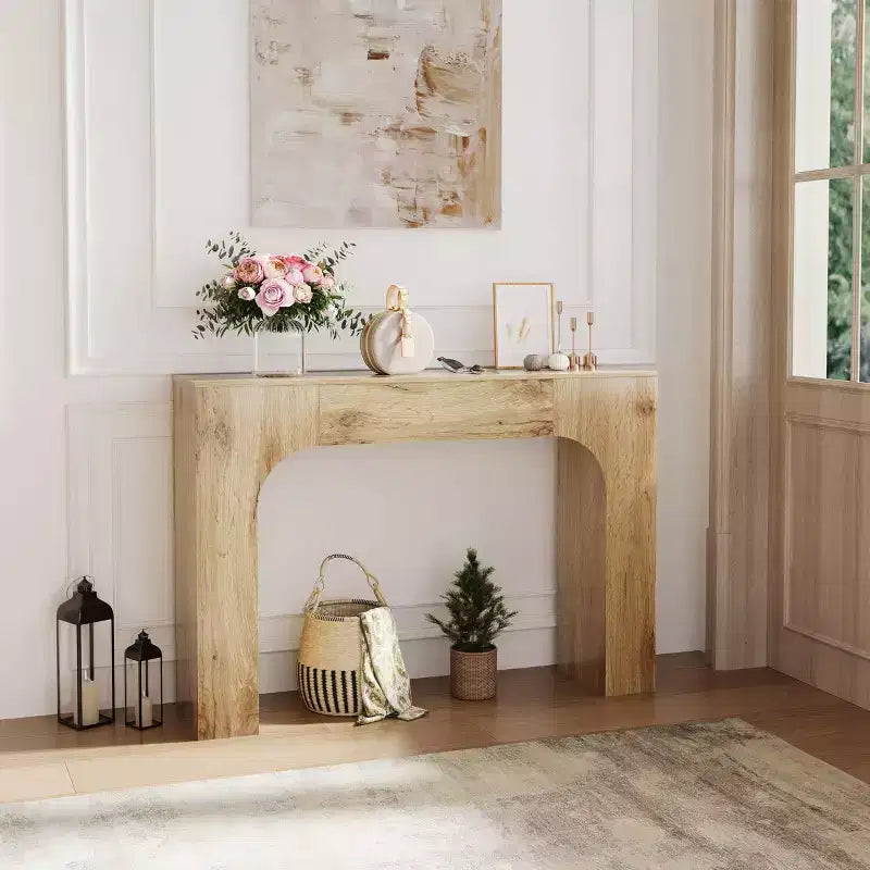 Consolle da ingresso in legno sottile Michat Cracked, colore marrone con anelli annuali, tavolo da divano, 119 cm e 160 cm, assemblaggio da 1 persona