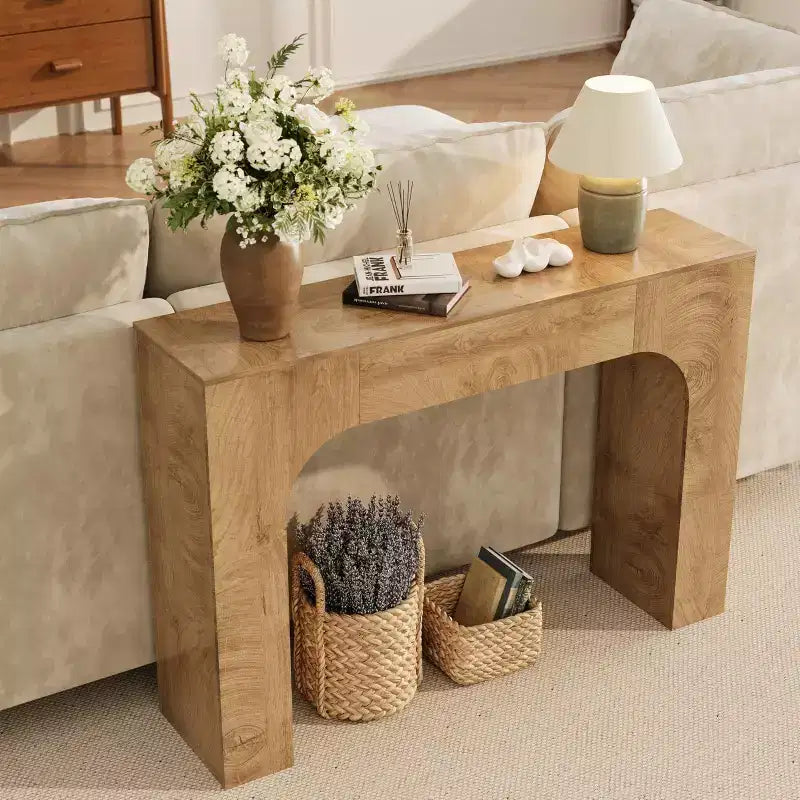Consolle da ingresso in legno sottile Michat Cracked, colore marrone con anelli annuali, tavolo da divano, 119 cm e 160 cm, assemblaggio da 1 persona