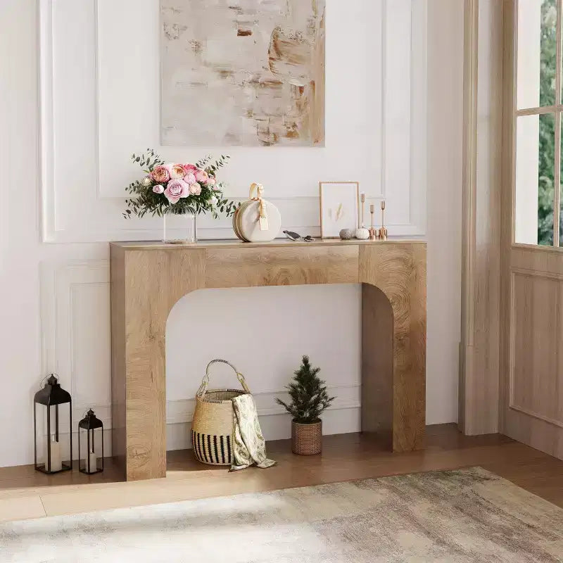 Consolle da ingresso in legno sottile Michat Cracked, colore marrone con anelli annuali, tavolo da divano, 119 cm e 160 cm, assemblaggio da 1 persona