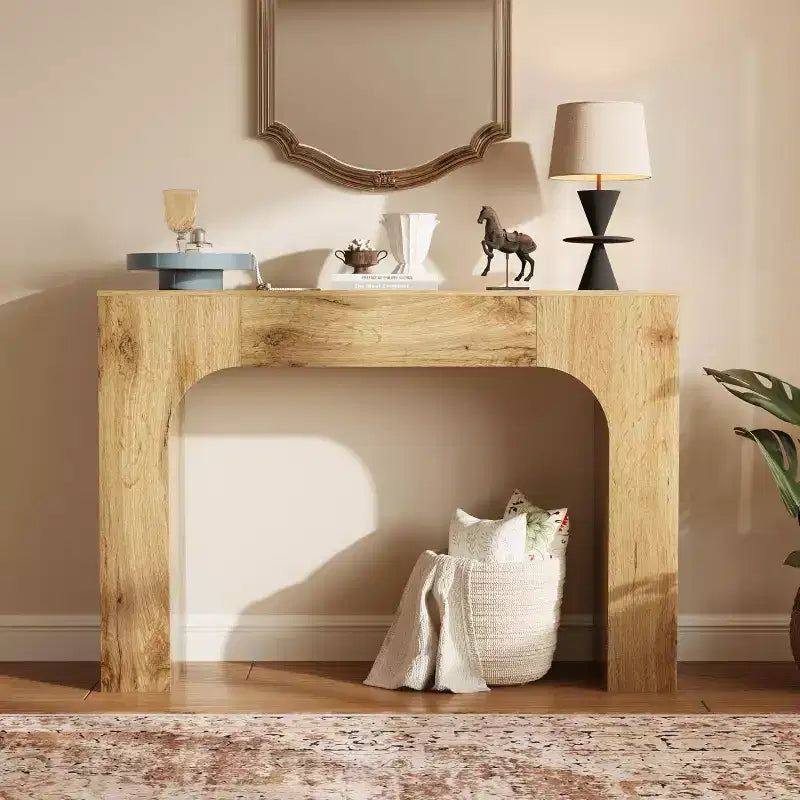 Consolle da ingresso in legno sottile Michat Cracked, colore marrone con anelli annuali, tavolo da divano, 119 cm e 160 cm, assemblaggio da 1 persona