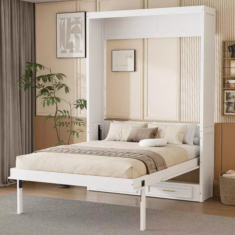 Letto a scomparsa matrimoniale beige con 2 cassetti, per 1 persona