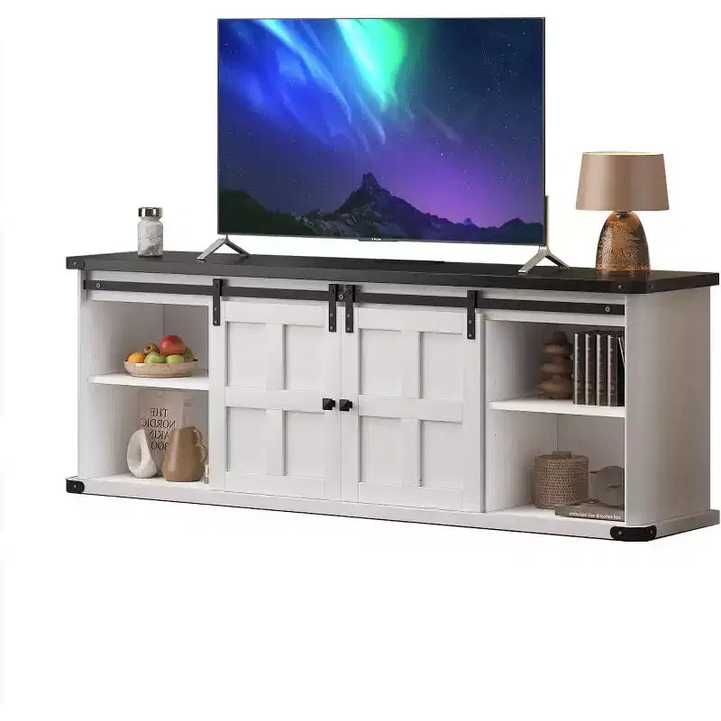 Mobile TV scorrevole con ante a persiana, Grigio/Bianco, 70", Adatto per TV fino a 75", 1 unità