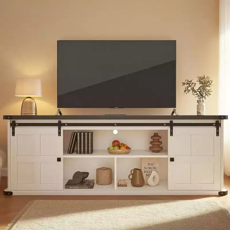 Mobile TV scorrevole con ante a persiana, Grigio/Bianco, 70", Adatto per TV fino a 75", 1 unità