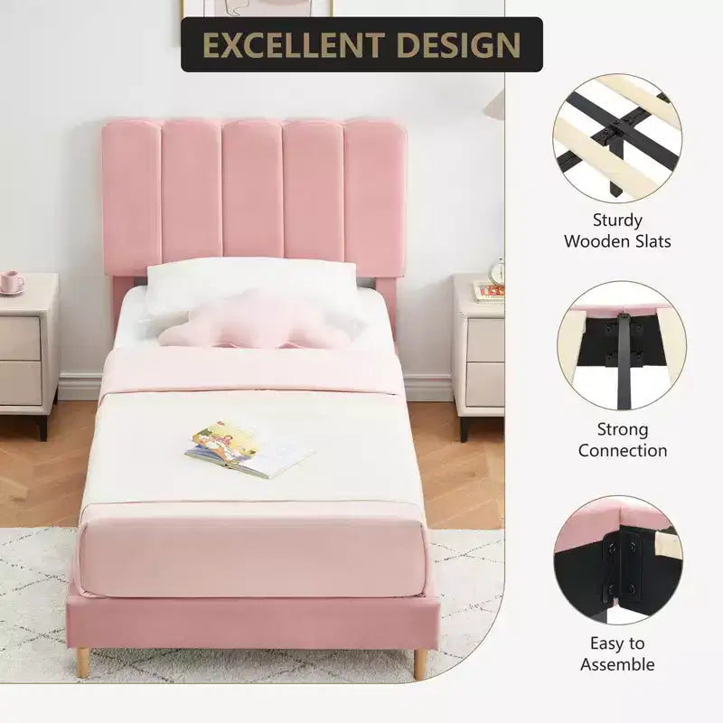 Letto a piattaforma imbottito a onda grigio/rosa/bianco per bambini, singolo/una piazza e mezza, 1 persona