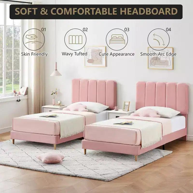 Letto a piattaforma imbottito a onda grigio/rosa/bianco per bambini, singolo/una piazza e mezza, 1 persona