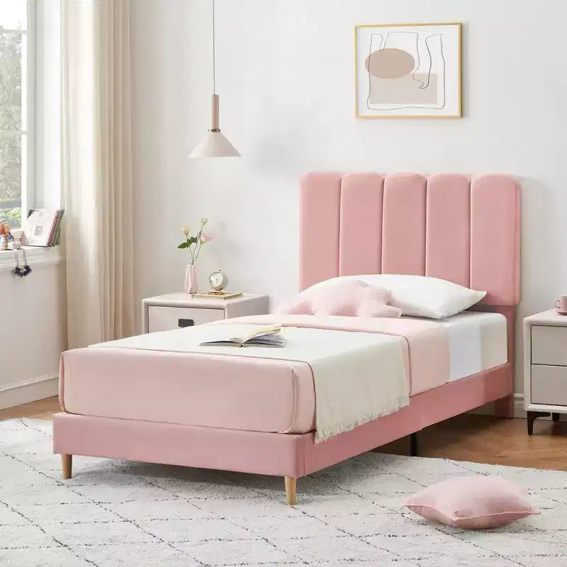 Letto a piattaforma imbottito a onda grigio/rosa/bianco per bambini, singolo/una piazza e mezza, 1 persona