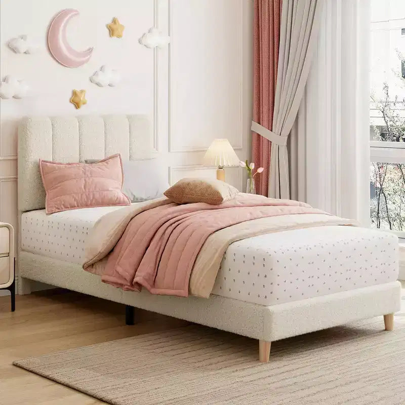 Letto a piattaforma imbottito a onda grigio/rosa/bianco per bambini, singolo/una piazza e mezza, 1 persona