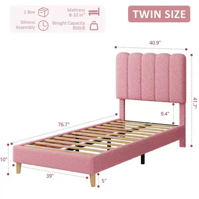 Letto a piattaforma imbottito a onda grigio/rosa/bianco per bambini, singolo/una piazza e mezza, 1 persona