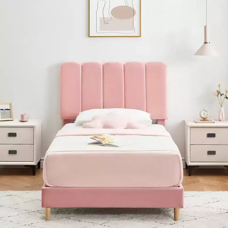 Letto a piattaforma imbottito a onda grigio/rosa/bianco per bambini, singolo/una piazza e mezza, 1 persona
