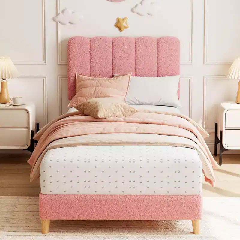 Letto a piattaforma imbottito a onda grigio/rosa/bianco per bambini, singolo/una piazza e mezza, 1 persona