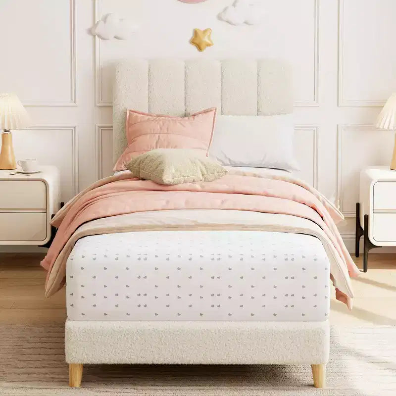 Letto a piattaforma imbottito a onda grigio/rosa/bianco per bambini, singolo/una piazza e mezza, 1 persona