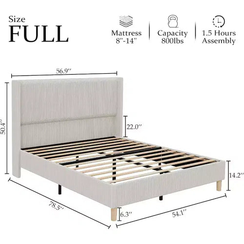 Struttura letto in velluto a coste beige con testiera ad ali, per 2 persone, non richiede box spring