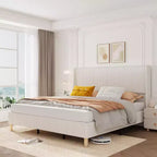 Struttura letto in velluto a coste beige con testiera ad ali, per 2 persone, non richiede box spring