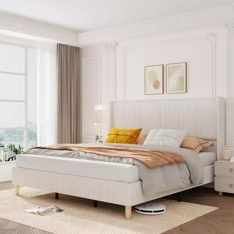 Struttura letto in velluto a coste beige con testiera ad ali, per 2 persone, non richiede box spring