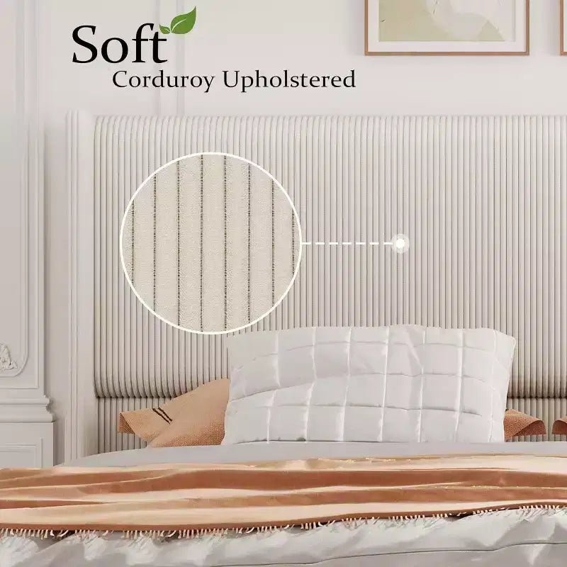 Struttura letto in velluto a coste beige con testiera ad ali, per 2 persone, non richiede box spring