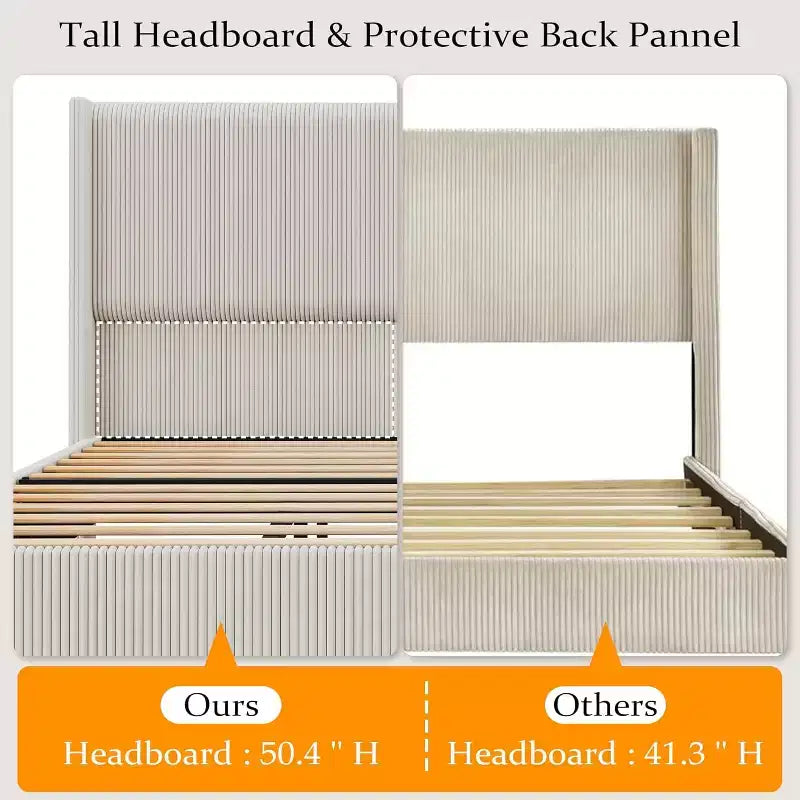 Struttura letto in velluto a coste beige con testiera ad ali, per 2 persone, non richiede box spring