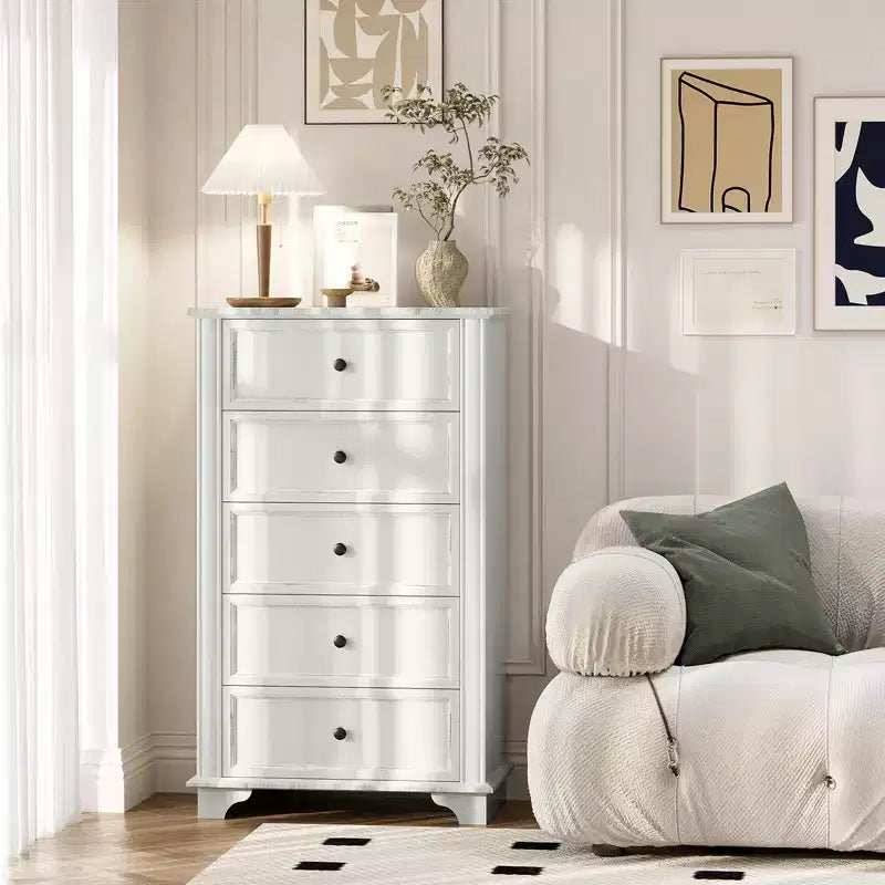 Comodino a 5 cassetti bianco, in MDF, contenitore monoposto