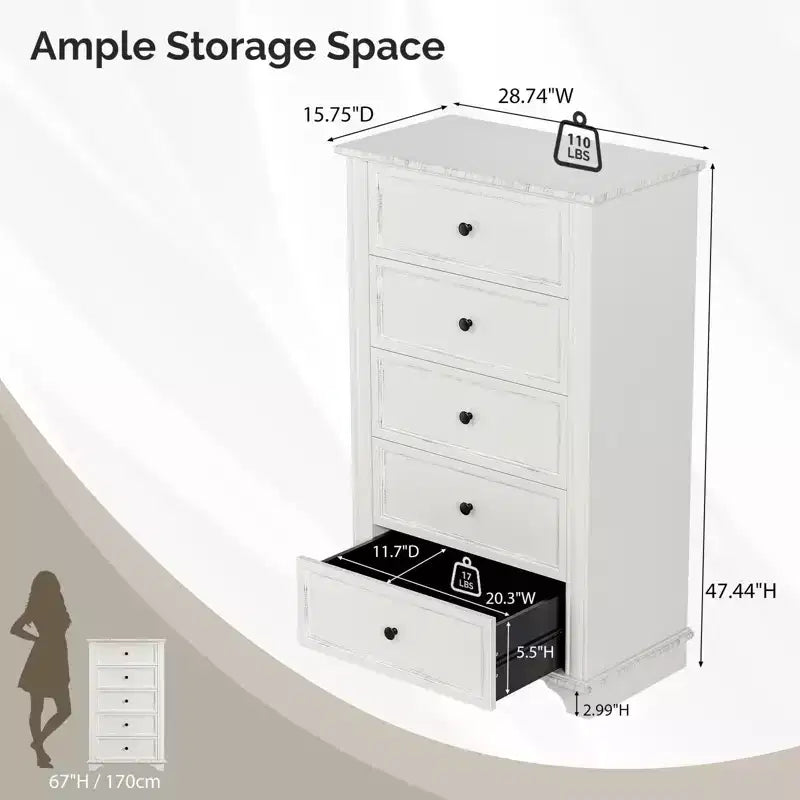 Comodino a 5 cassetti bianco, in MDF, contenitore monoposto