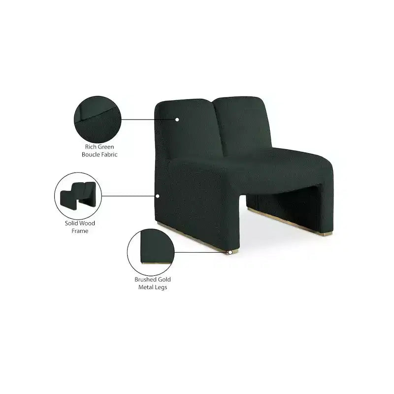 Poltrona in tessuto bouclé verde, gambe dorate, 1 posto