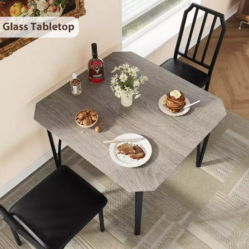 Set tavolo da pranzo quadrato grigio / colore retrò, sedie imbottite, 3 o 5 posti