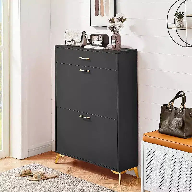 Scarpiera Slim con Anta a Ribalta, Nera / Grigia / Rossa, 2 Cassetti + Vassoio Superiore, Contiene 15 Paia, Uso Individuale