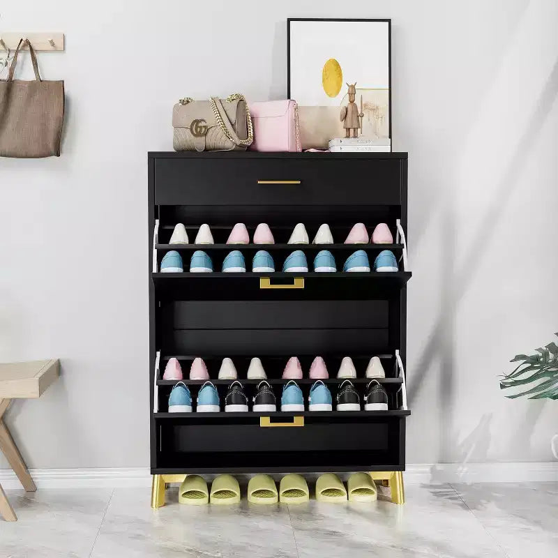 Acekool Shoe Cabinet, Slim 2 Flip Drawer MDF Shoe Organizer with Top Drawer, Anti-Tip, Space-Saving Storage