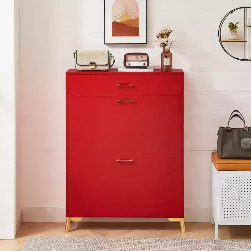 Scarpiera Slim con Anta a Ribalta, Nera / Grigia / Rossa, 2 Cassetti + Vassoio Superiore, Contiene 15 Paia, Uso Individuale