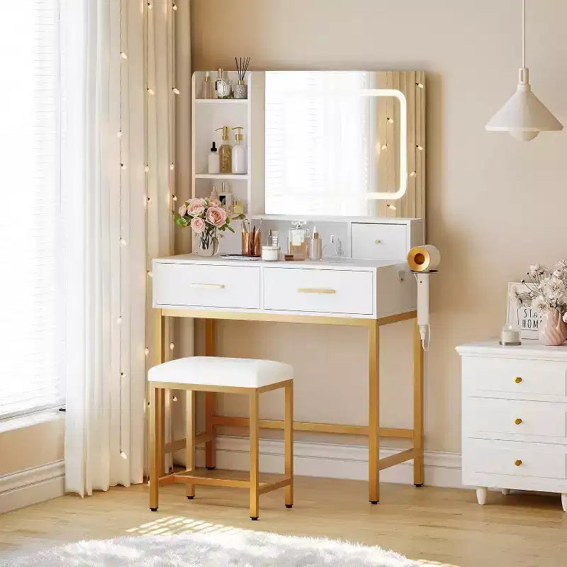 Toeletta bianca e oro con specchio LED, luci e sedia – Tavolo da trucco per 1 persona, 4 cassetti e presa di corrente