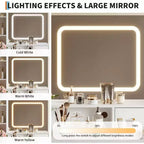 Toeletta bianca e oro con specchio LED, luci e sedia – Tavolo da trucco per 1 persona, 4 cassetti e presa di corrente