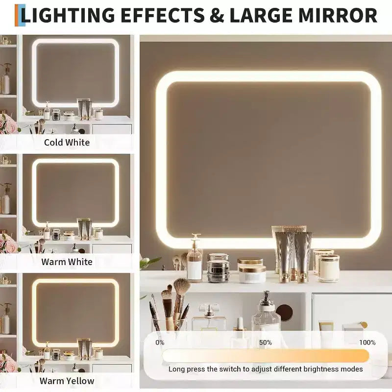 Toeletta bianca e oro con specchio LED, luci e sedia – Tavolo da trucco per 1 persona, 4 cassetti e presa di corrente