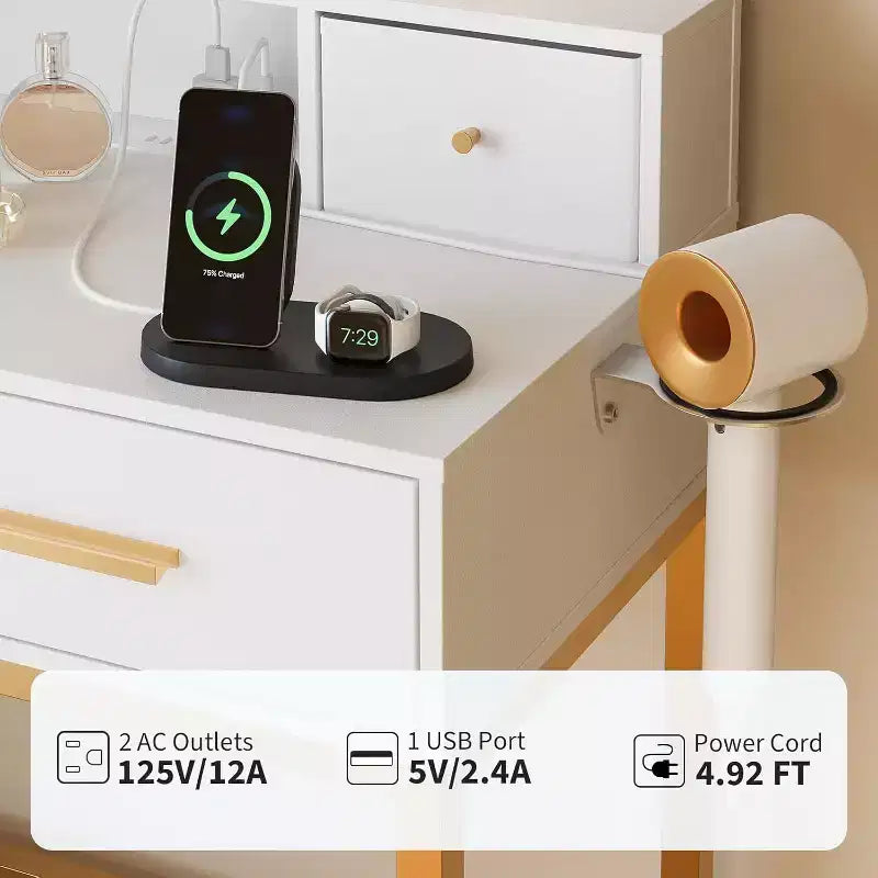 Toeletta bianca e oro con specchio LED, luci e sedia – Tavolo da trucco per 1 persona, 4 cassetti e presa di corrente