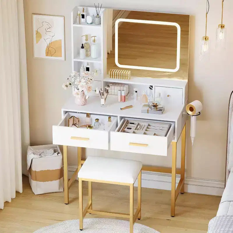 Toeletta bianca e oro con specchio LED, luci e sedia – Tavolo da trucco per 1 persona, 4 cassetti e presa di corrente