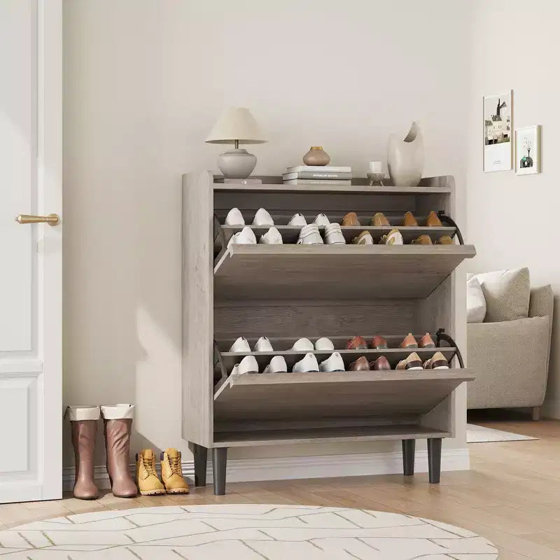 Bianco antico / Nero / Grigio / Legno naturale | Scarpiera a ribalta | Contiene fino a 24 paia | Per nuclei familiari di 1–2 persone
