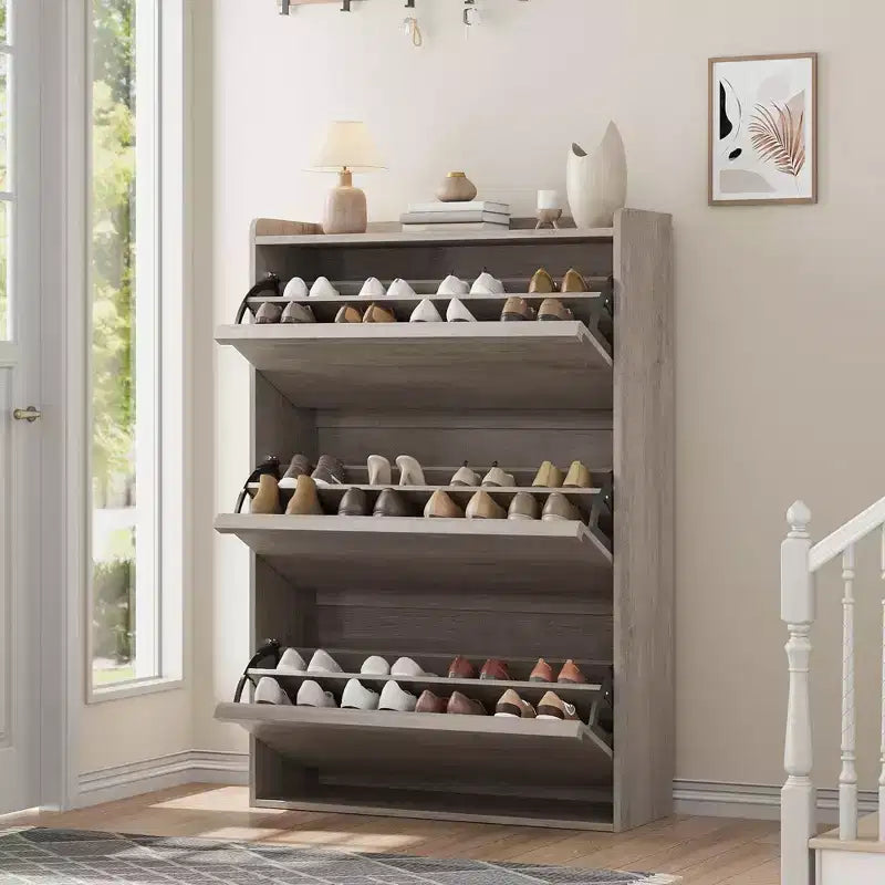 Bianco antico / Nero / Grigio / Legno naturale | Scarpiera a ribalta | Contiene fino a 24 paia | Per nuclei familiari di 1–2 persone