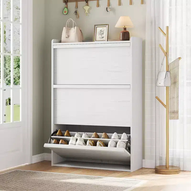 Bianco antico / Nero / Grigio / Legno naturale | Scarpiera a ribalta | Contiene fino a 24 paia | Per nuclei familiari di 1–2 persone