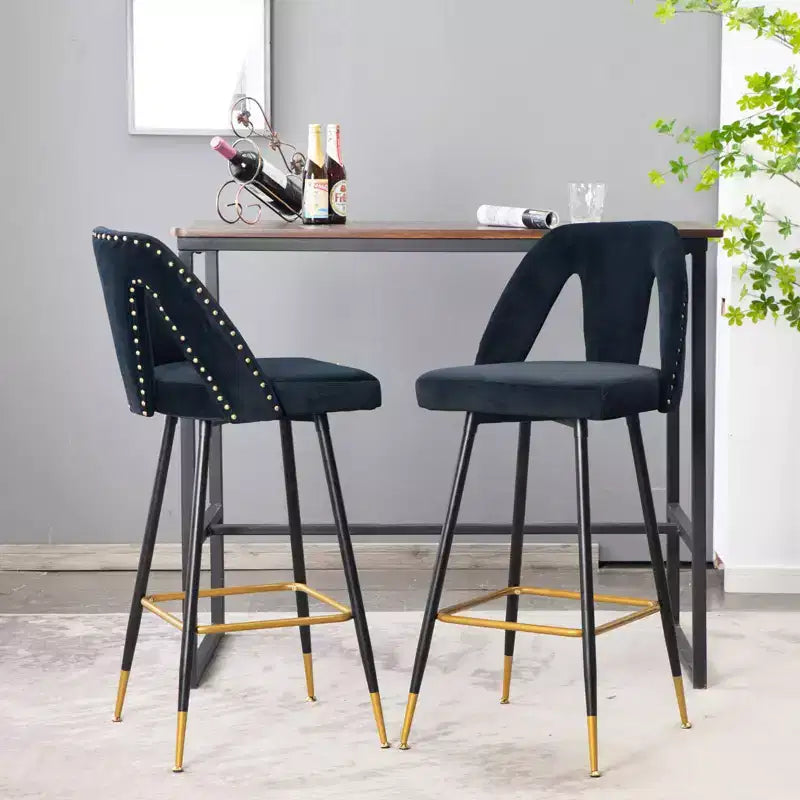 Sgabello da bancone senza braccioli in velluto nero, schienale basso, set da 2