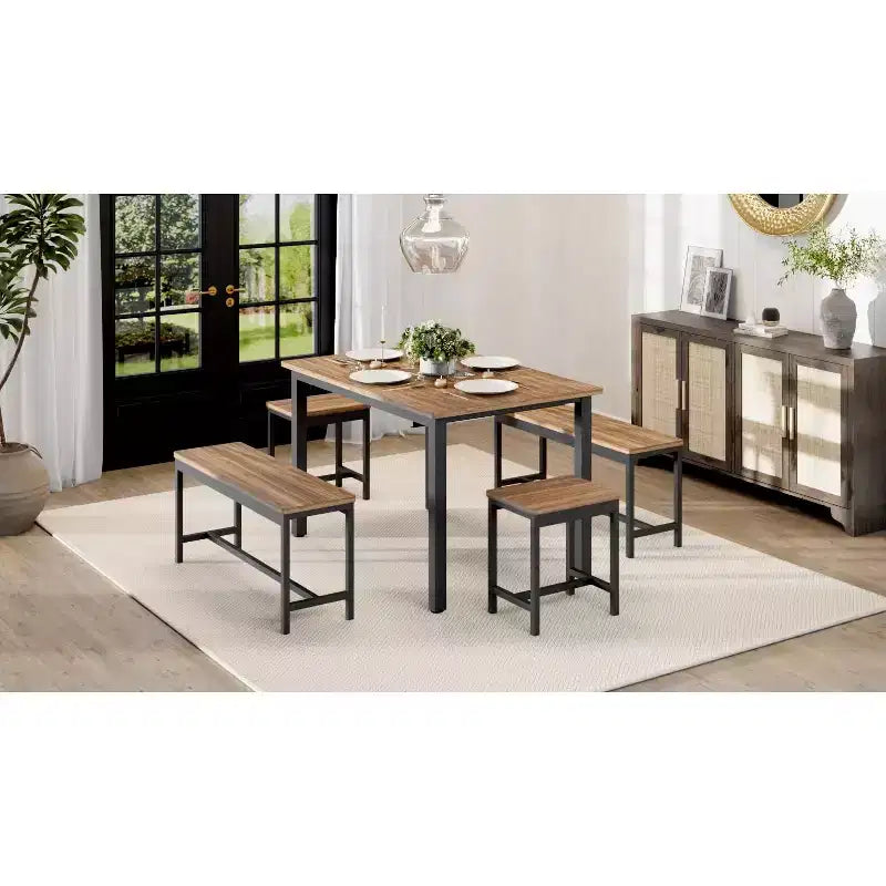 Set tavolo da pranzo allungabile, rettangolare, nero/marrone, 4-6 posti