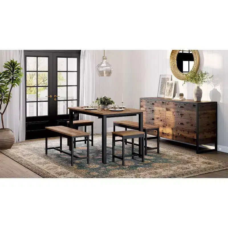 Set tavolo da pranzo allungabile, rettangolare, nero/marrone, 4-6 posti