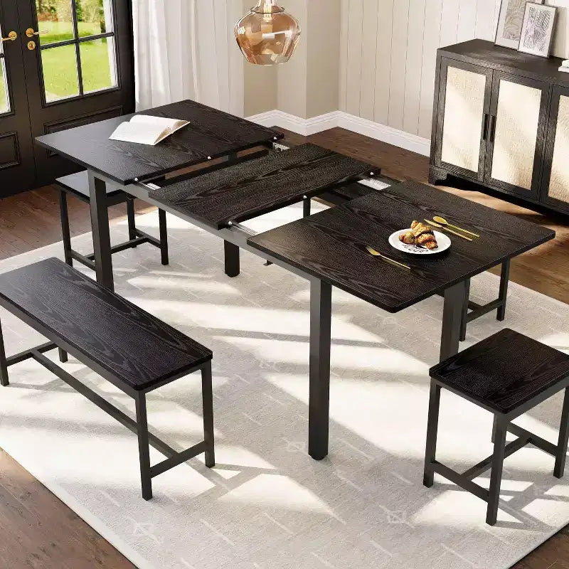Set tavolo da pranzo allungabile, rettangolare, nero/marrone, 4-6 posti